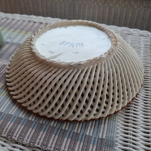 Vintage Reticulated Lattice Decorative Ceramic Bowl Hand Painted Made In Spain - Picture 12 of 15